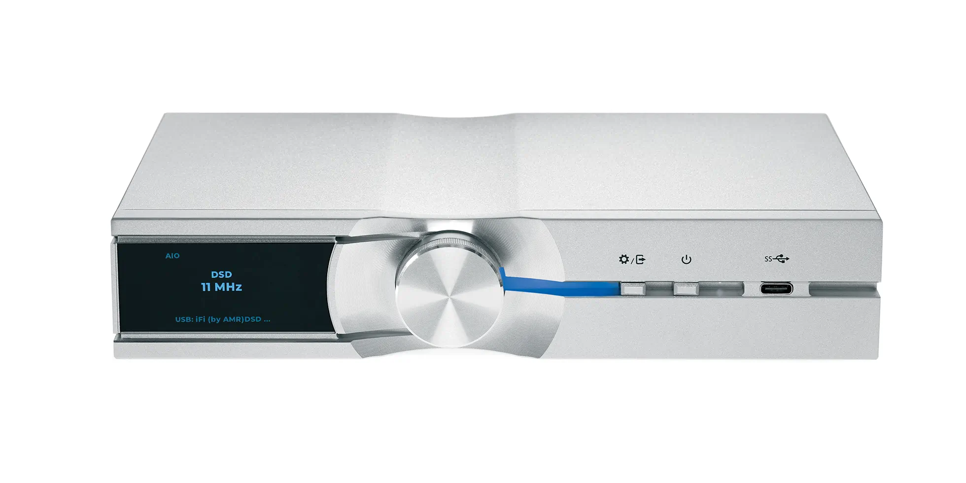 ifi audio neo stream hifi network player front view of the chassis, with the screen on the left and the big knob in the center