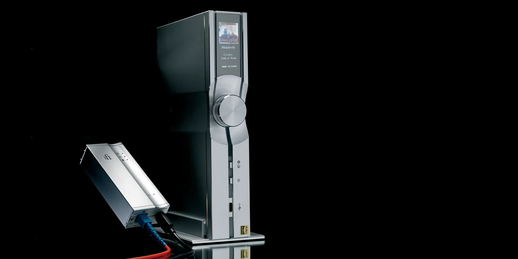 cinematic shot of the ifi audio neo stream hifi network player against a dark background