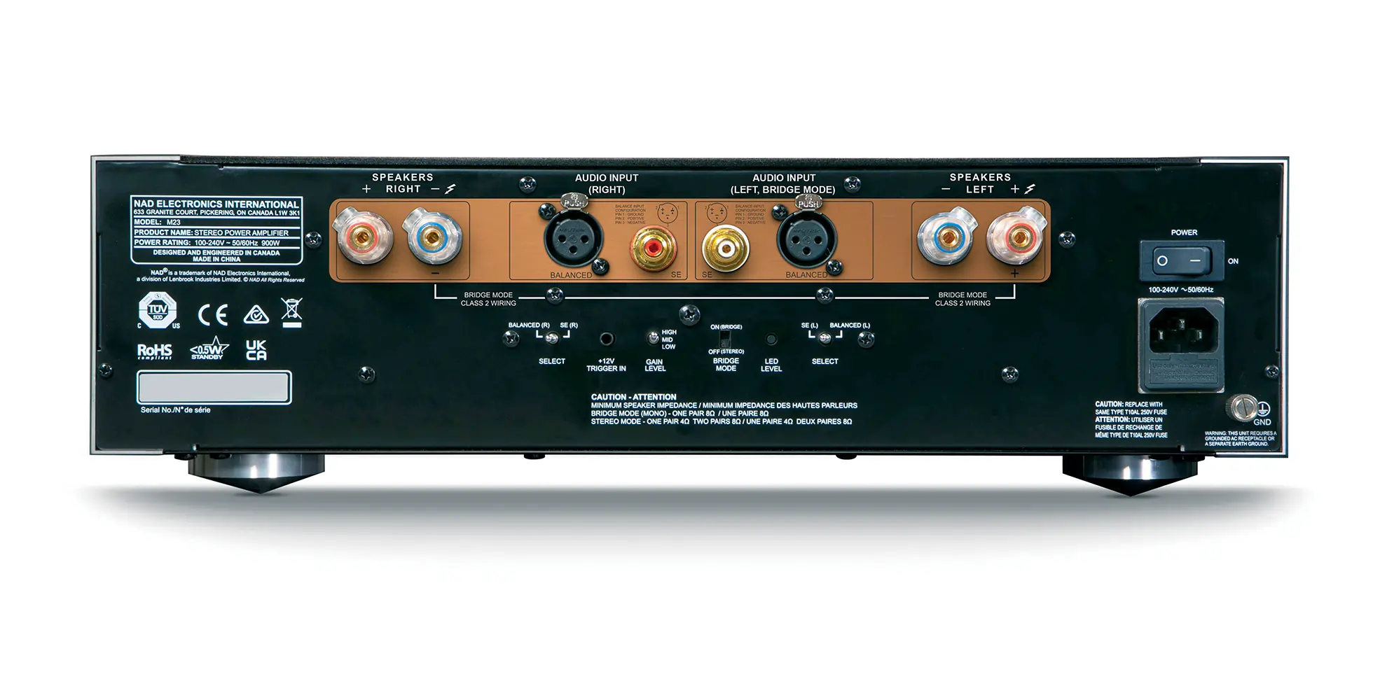nad m23 power amplifier rear view of the chassis