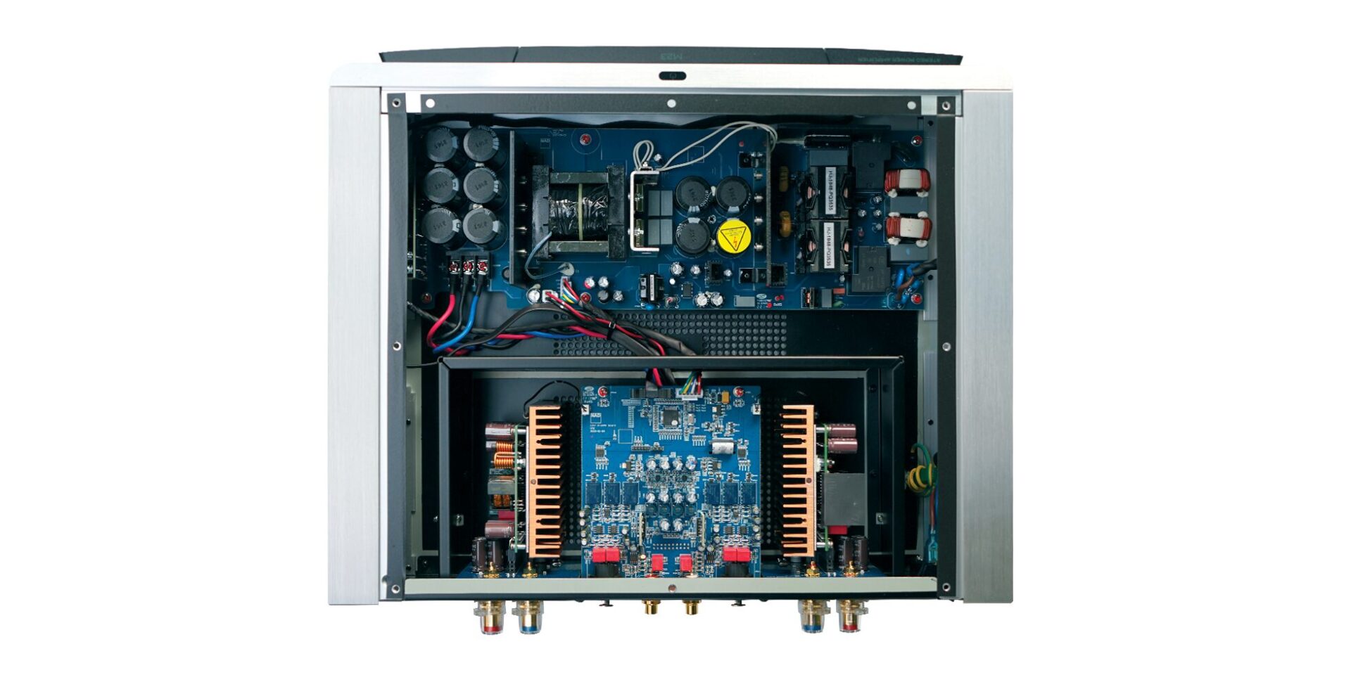 nad m23 power amplifier inside view of the chassis from the top white background