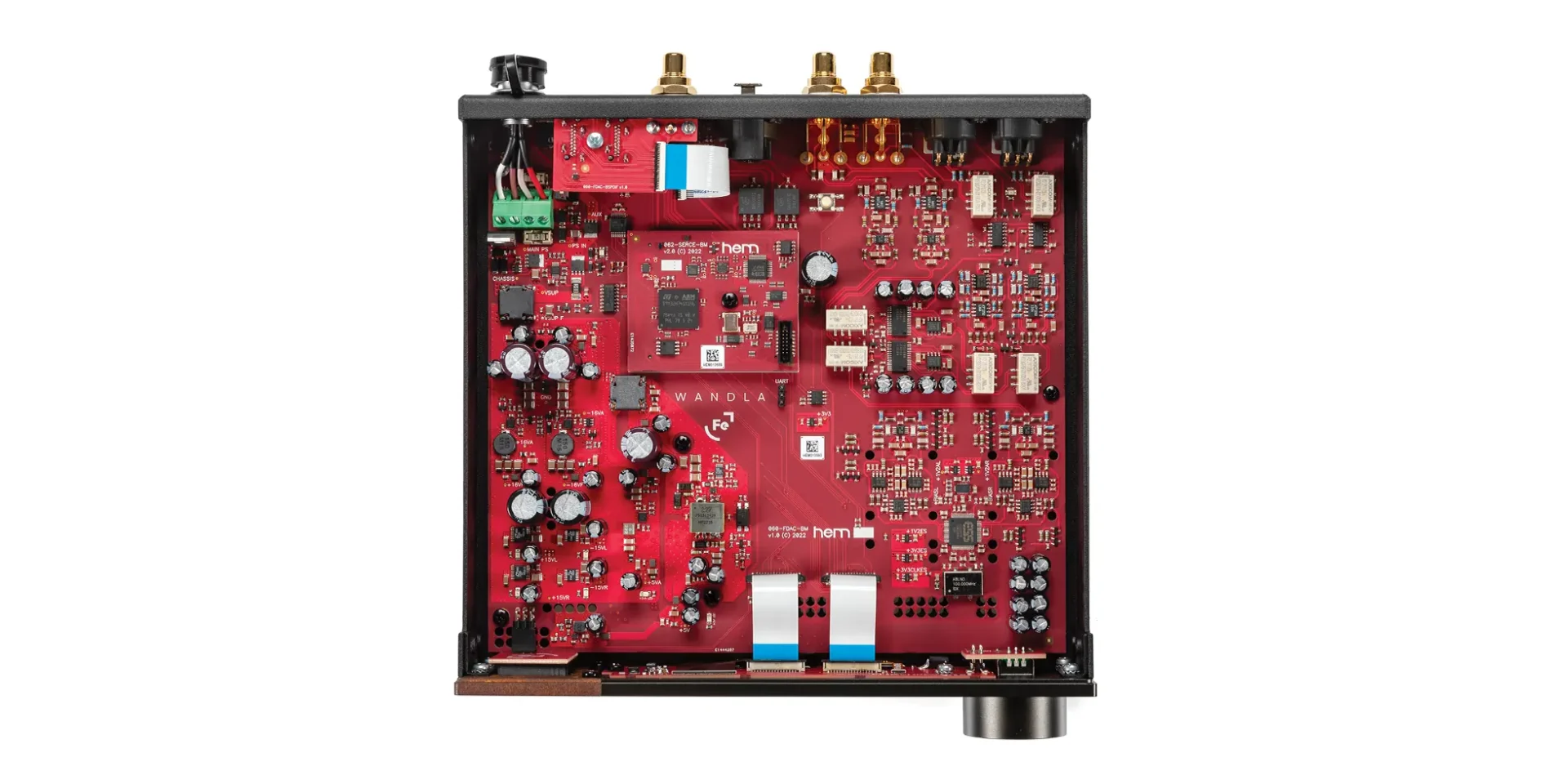 ferrum wandla goldensound edition hifi dac, opened chassis, view of the components