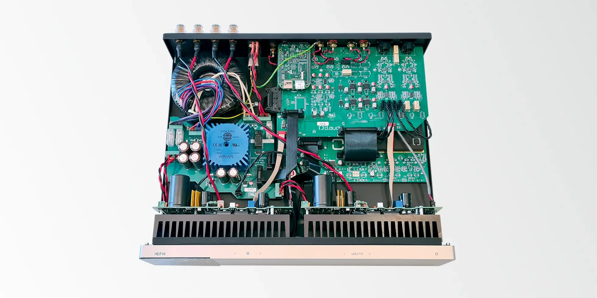 B.audio alpha one view of the inside of the chassis, components and PCB
