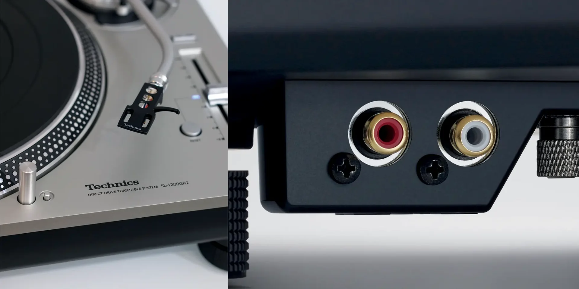 Technics SL-1200 GR2 hifi turntable logo and red and white connectors side by side