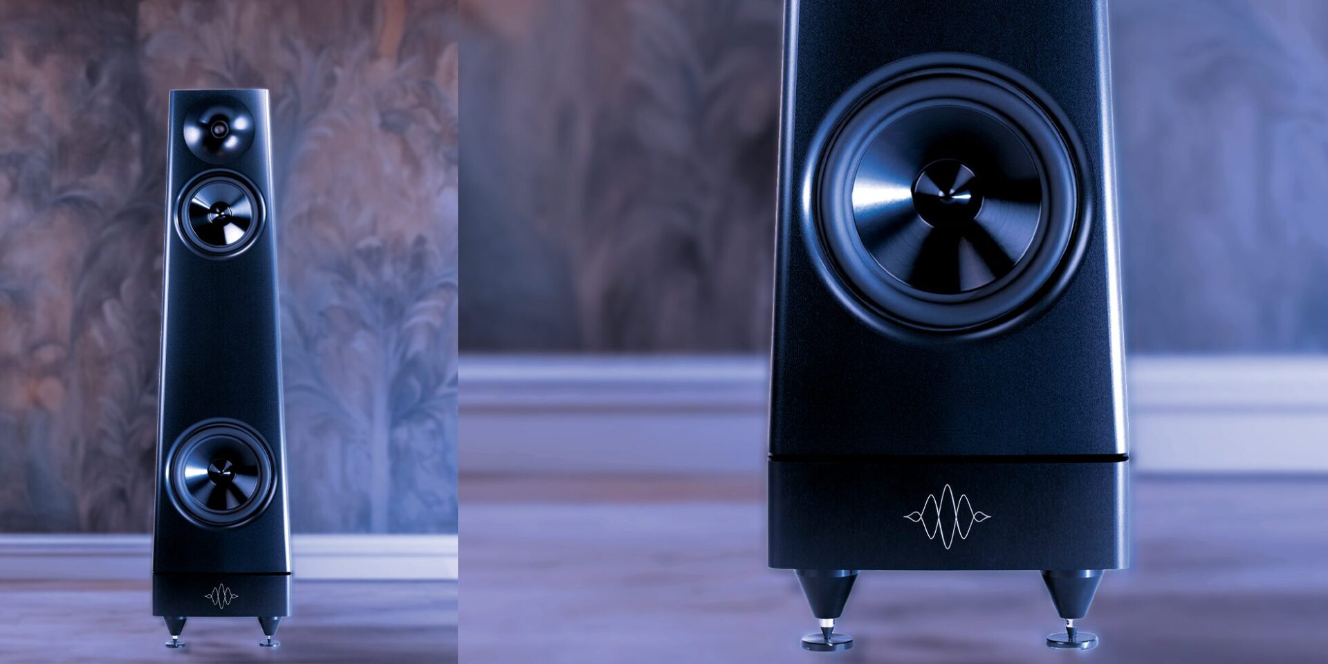YG Acoustics Peak Ascent hifi loudspeakers standing in a room two pictures side-by-side, from afar and close-up on the woofer
