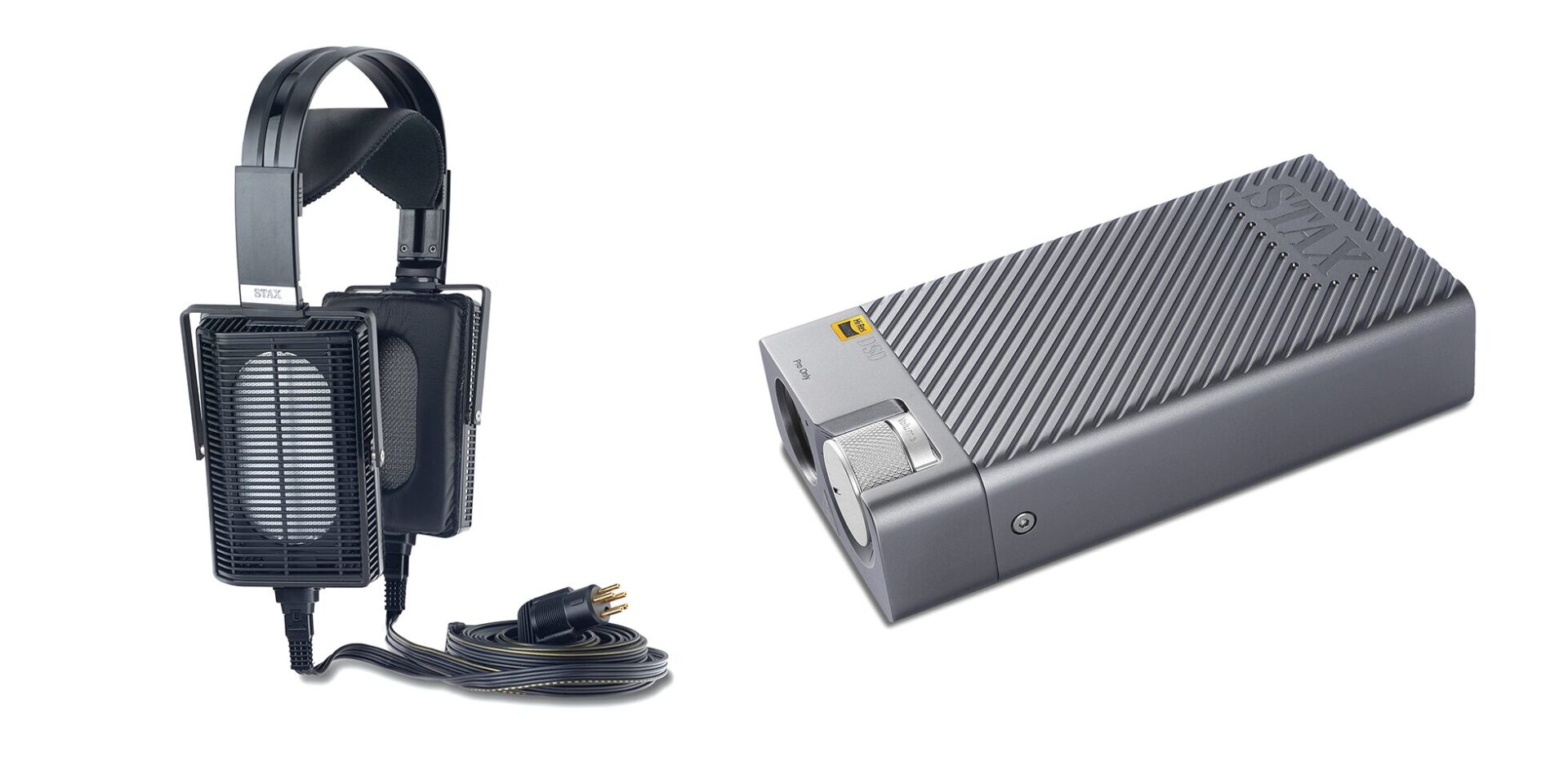 STAX SR-L500 mk2 and SRM-D10 II side by side against white background