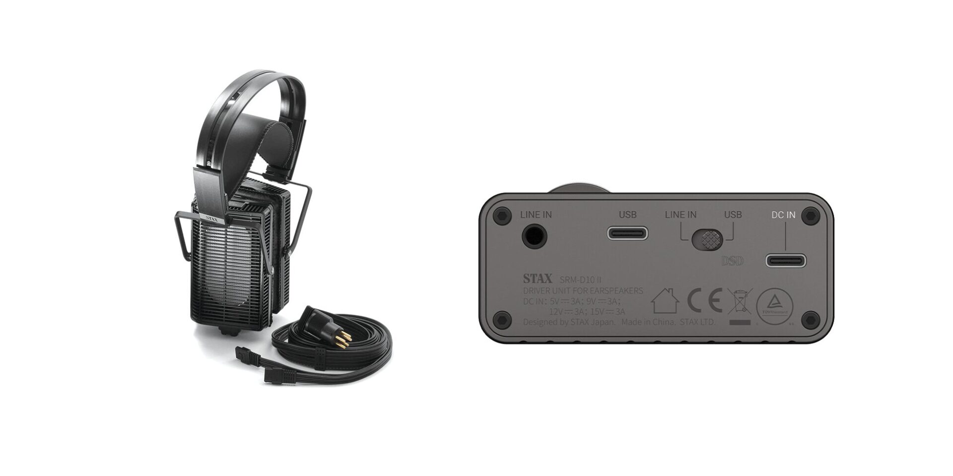 STAX SR-L500 mk2 and SRM-D10 II side by side with cable, SRM-D100 rear view